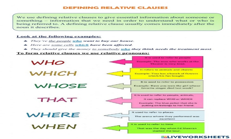 امثلة على قاعدة defining relative clauses