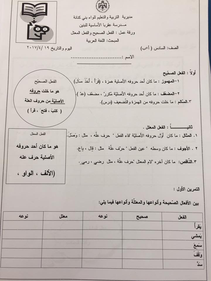 ورقة عمل الصحيح والمعتل