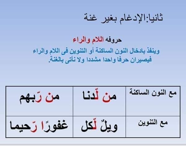 امثلة على حكم الادغام بغير غنة